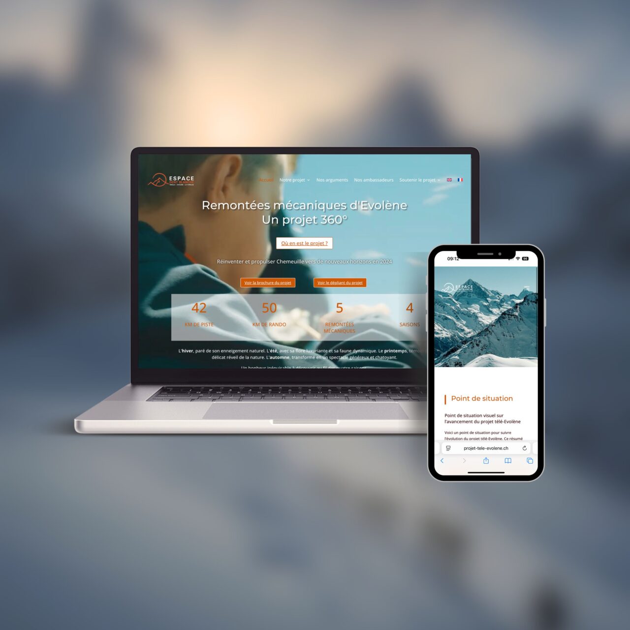 Site web du projet Télé-Evolène affiché sur un ordinateur portable et un smartphone