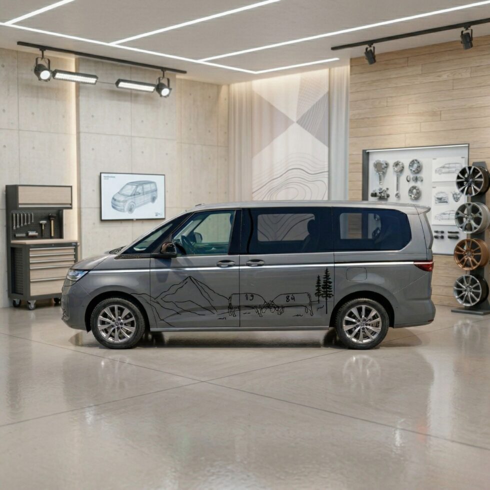 VW Multivan gris vu de profil, illustration posée sur la carrosserie