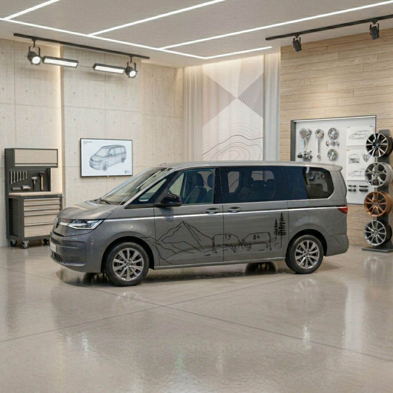 VW Multivan gris de l’Hôtel Les Mélèzes avec son covering illustré, vu de trois quarts