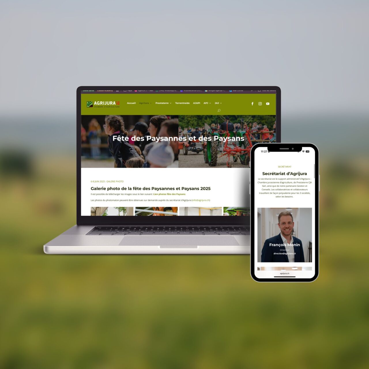 Site web agrijura.ch affiché sur un ordinateur portable et un smartphone