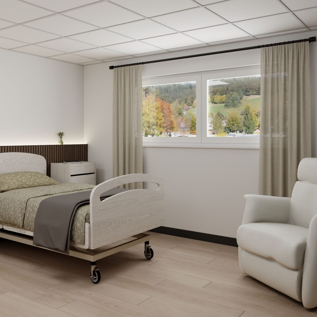 Visuel 3D d’une chambre de l’EMS La Courtine avec lit et fauteuil