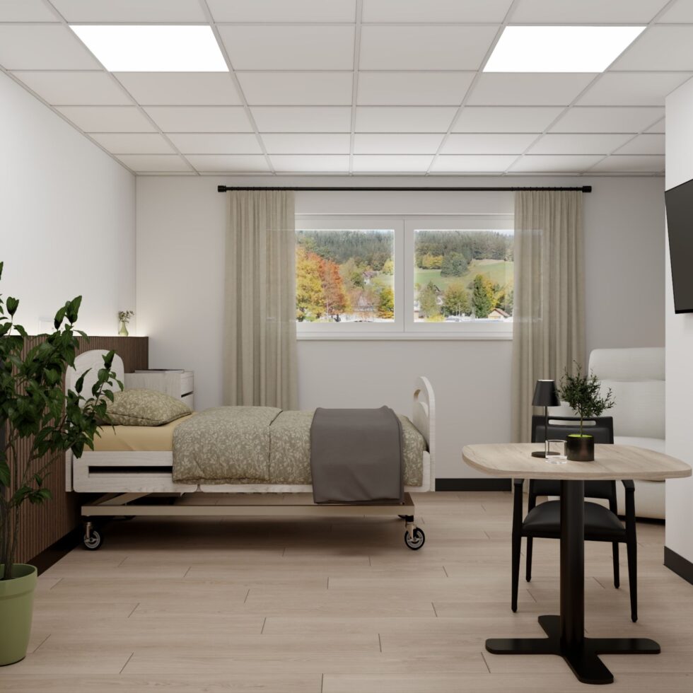 Visuel 3D d’une chambre lumineuse avec lit, table et plante