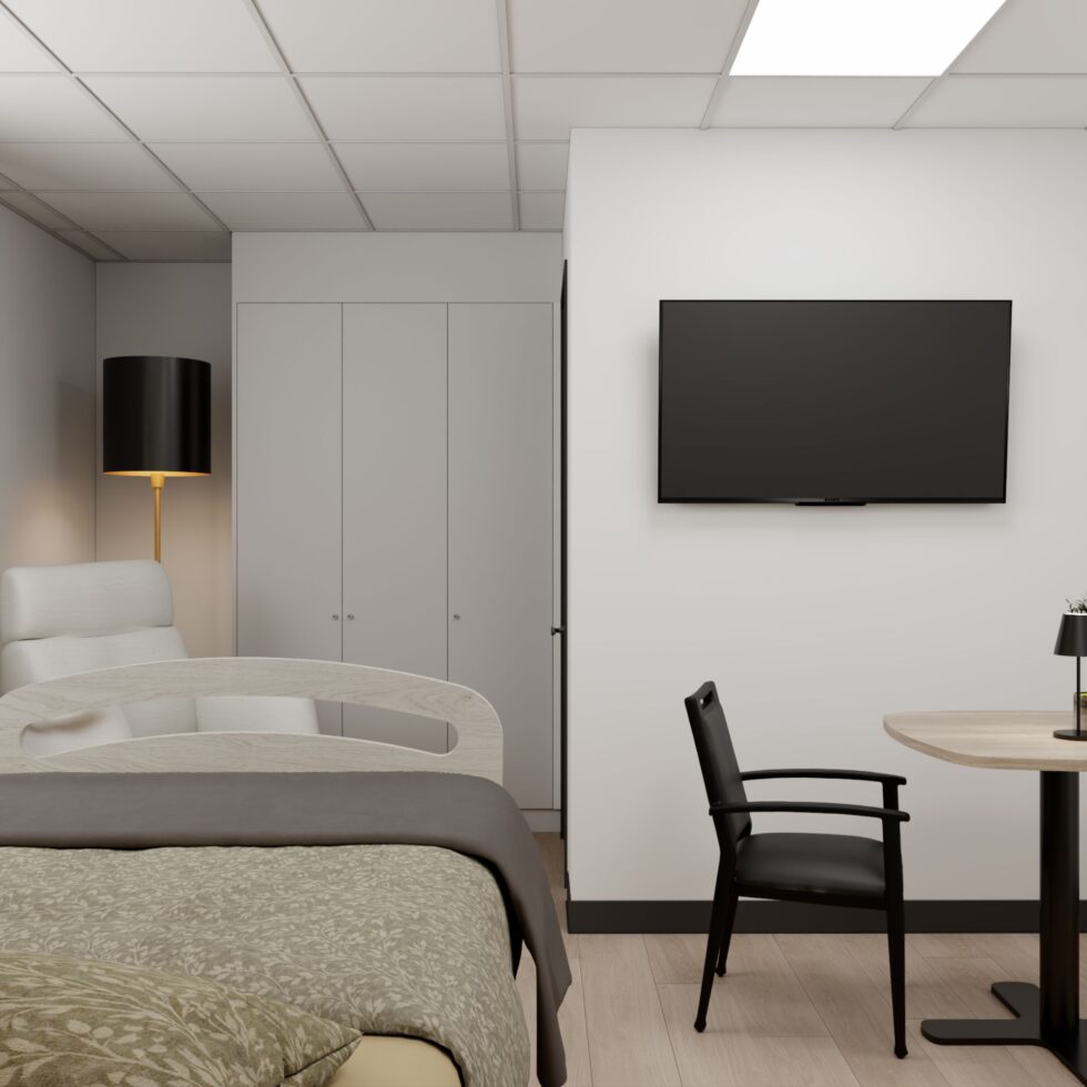 Visuel 3D d’une chambre avec armoires, télévision et coin table