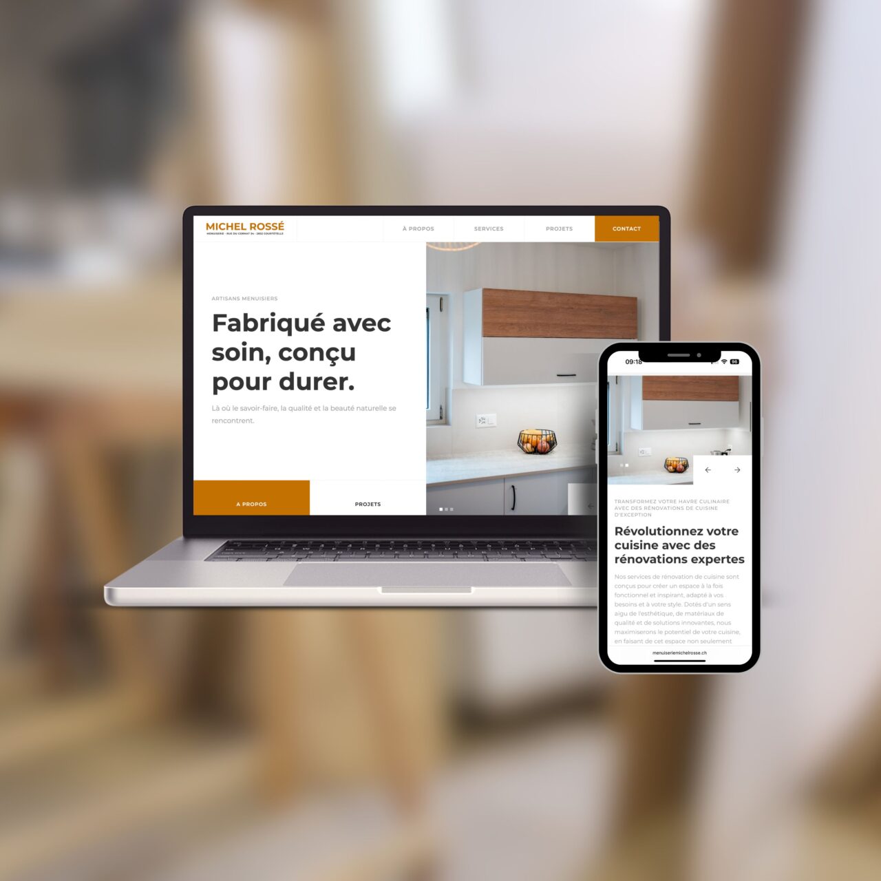 Site web de la Menuiserie Michel Rossé affiché sur un ordinateur portable et un smartphone