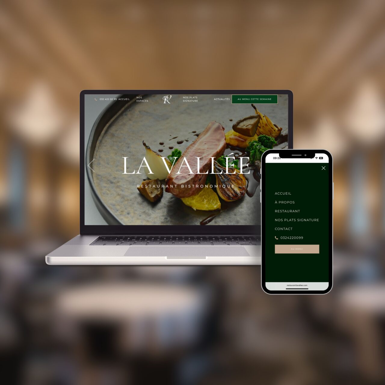 Site web restaurantlavallee.com affiché sur un ordinateur portable et un smartphone